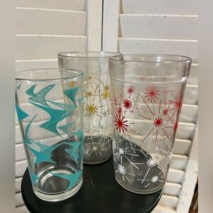 3 Vintage 50s 60s atomic drink glass Starburst Boomerang Teal Red Yellow MCM